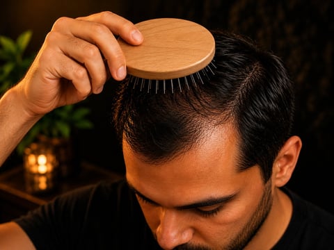Man brushing his hair with a wooden brush, grooming and hair care