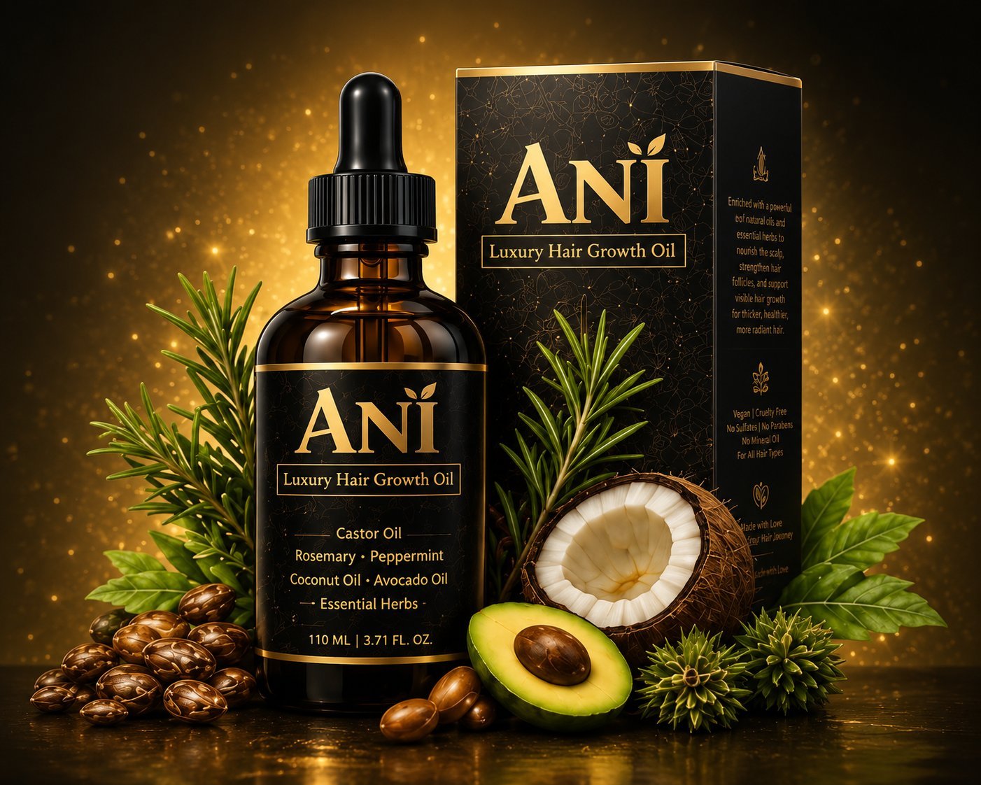 ANI Luxury Hair Growth Oil bottle with packaging, displaying natural ingredients like coconut, avocado, and rosemary on golden sparkle background