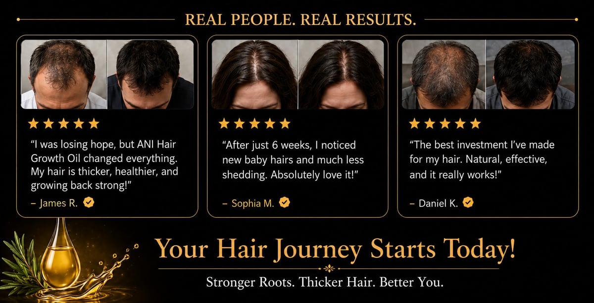 Before and after photos of hair growth results with customer testimonials and five-star ratings promoting hair growth treatment