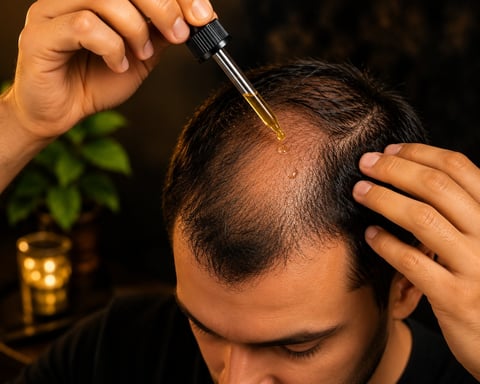 Person applying hair growth oil or serum to bald spot on scalp with dropper applicator