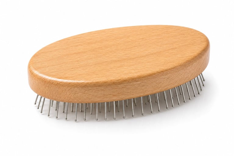 Wooden oval hairbrush with metal bristles on a white background