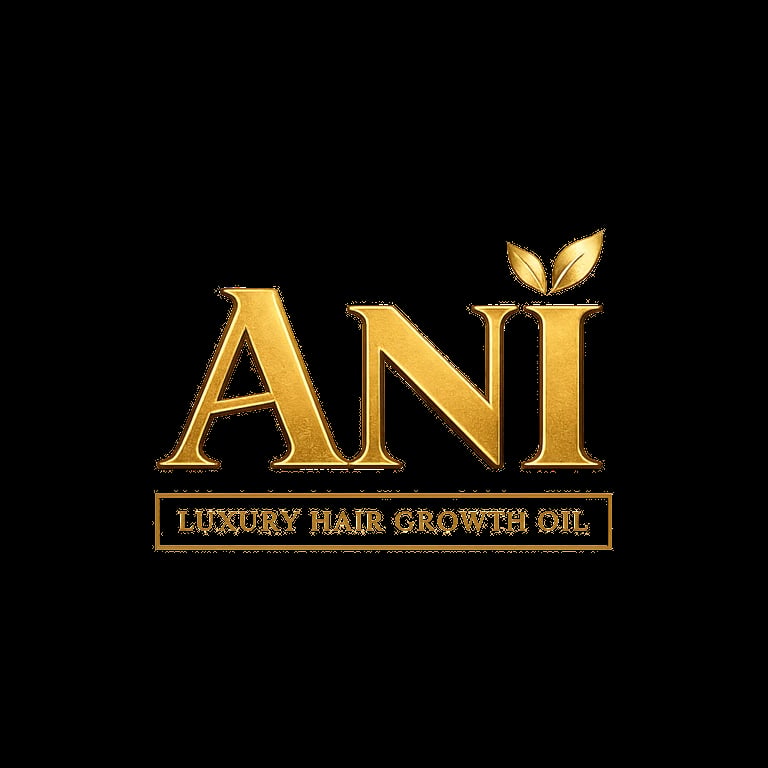 ANI luxury hair growth oil logo with gold lettering and leaf design on black background